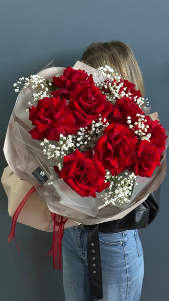 Моно-букет из красной розы (9шт)