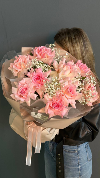 Моно-букет из розовой розы (9шт)